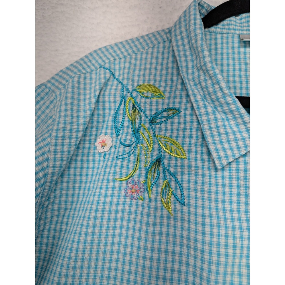 Koret Francisca Womens Turquoise Gingham Embroidered Floral Short Sleeve 28W - Picture 9 of 9